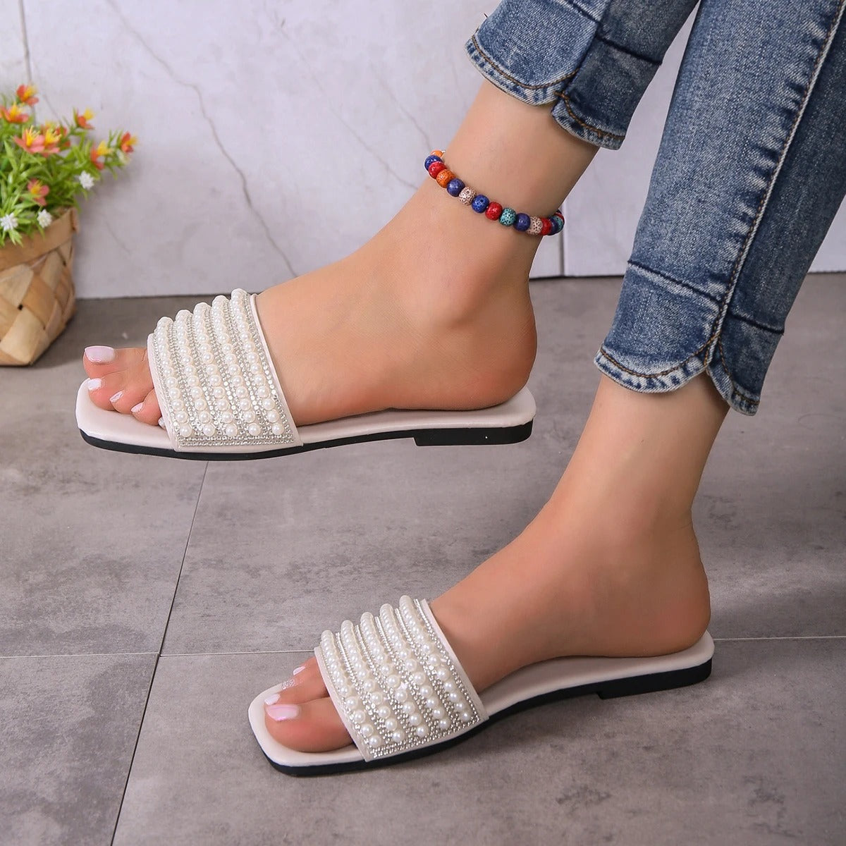 flat sandals with artificial pearl and rhinestone decorations