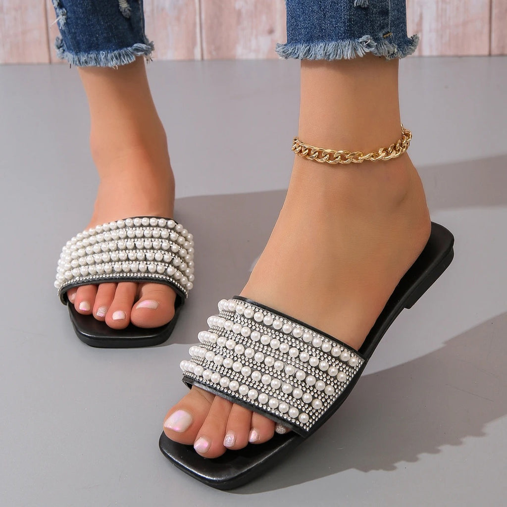 flat sandals with artificial pearl and rhinestone decorations