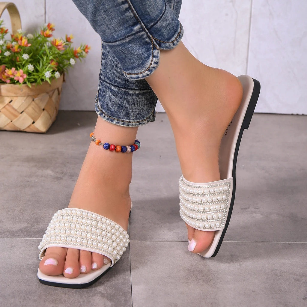 flat sandals with artificial pearl and rhinestone decorations