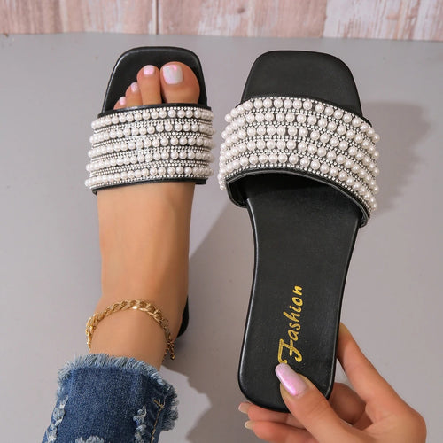 flat sandals with artificial pearl and rhinestone decorations